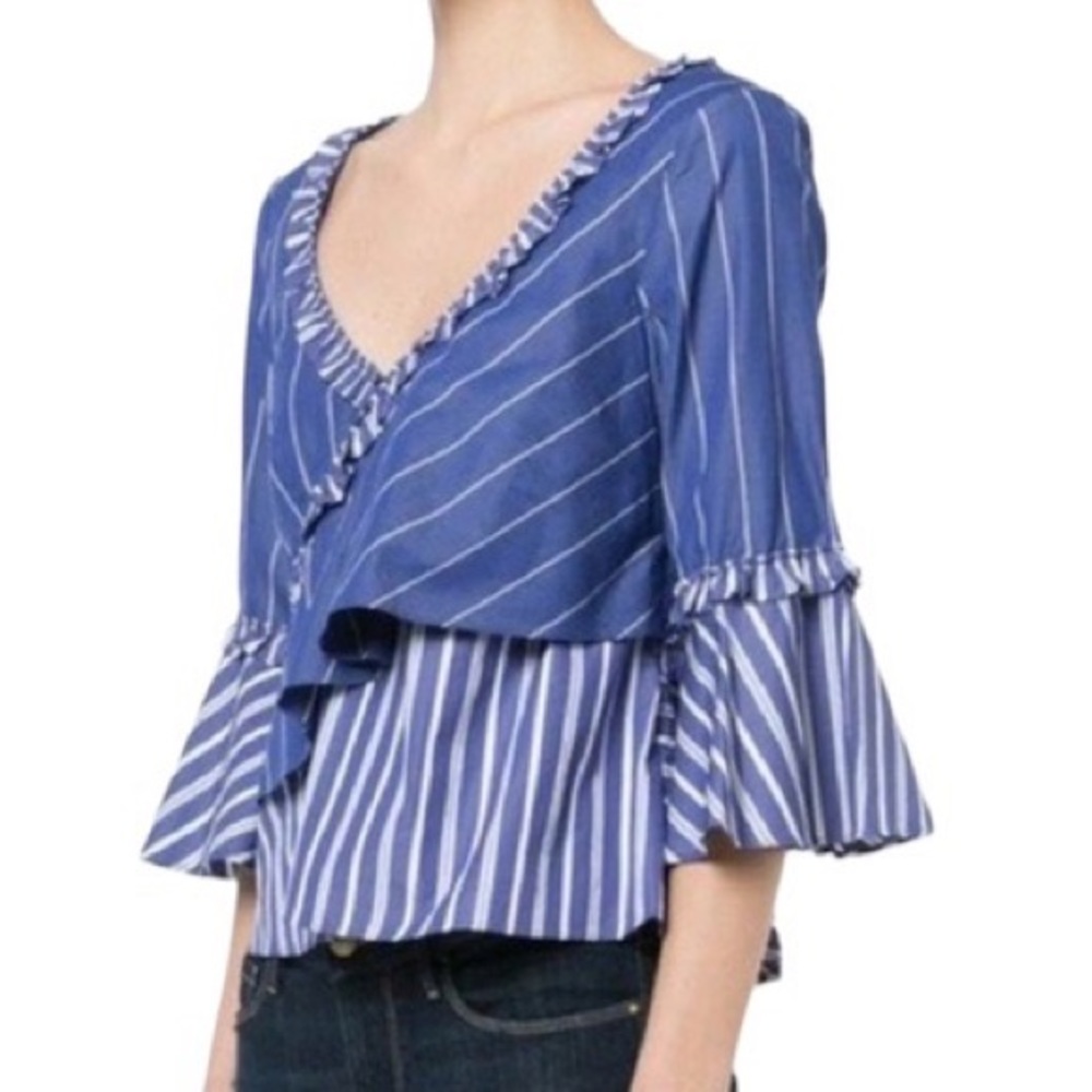 Cinq a Sept Fran Mixed Striped Ruffle Top Blue Sz XS - Picture 3 of 11